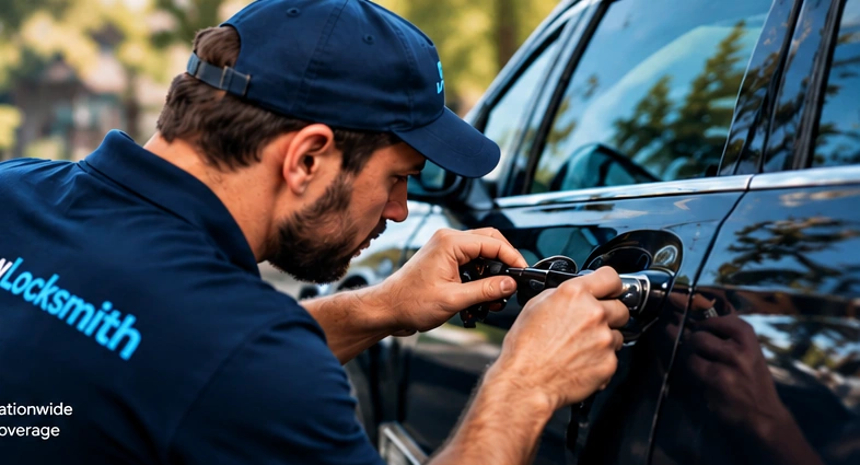 Automotive locksmith working on a car door lock