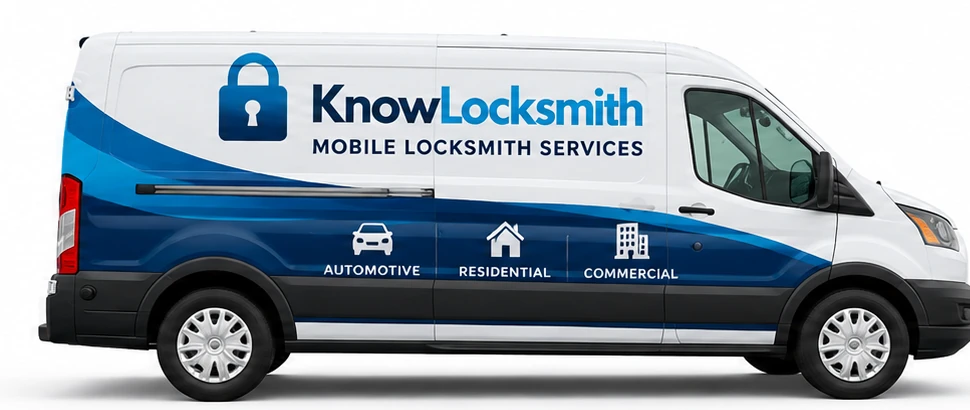 Illustration of a KnowLocksmith-branded mobile locksmith van